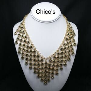 Beautiful Chico's CZ Faux Hematite Rhinestone Gold Necklace, Collar Style, 20 In
